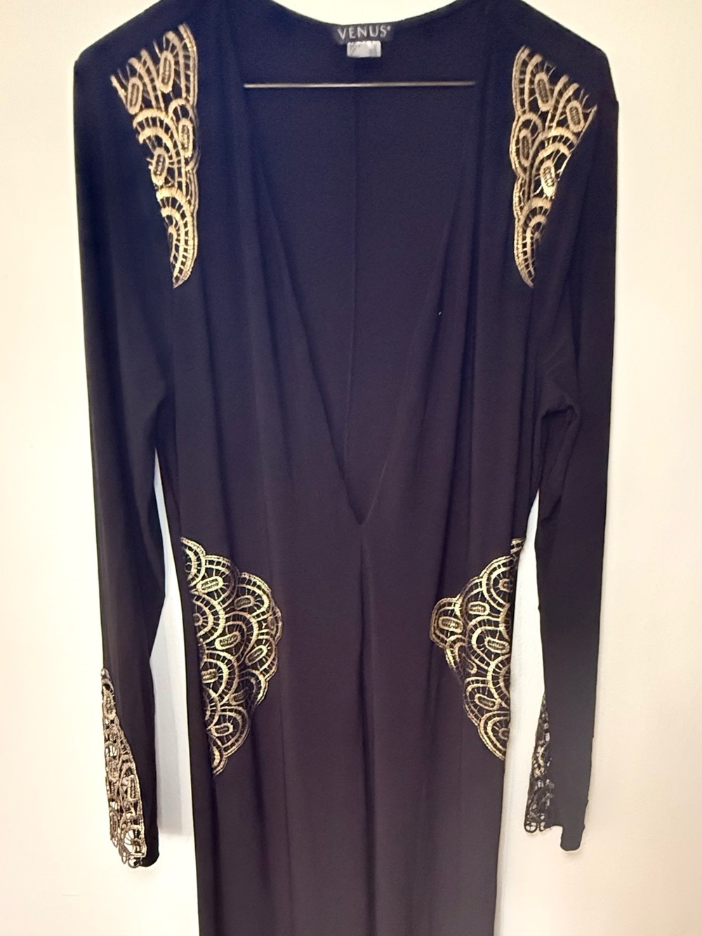 VENUS Black Long Sleeve Maxi Dress with Gold Embroidered Accents